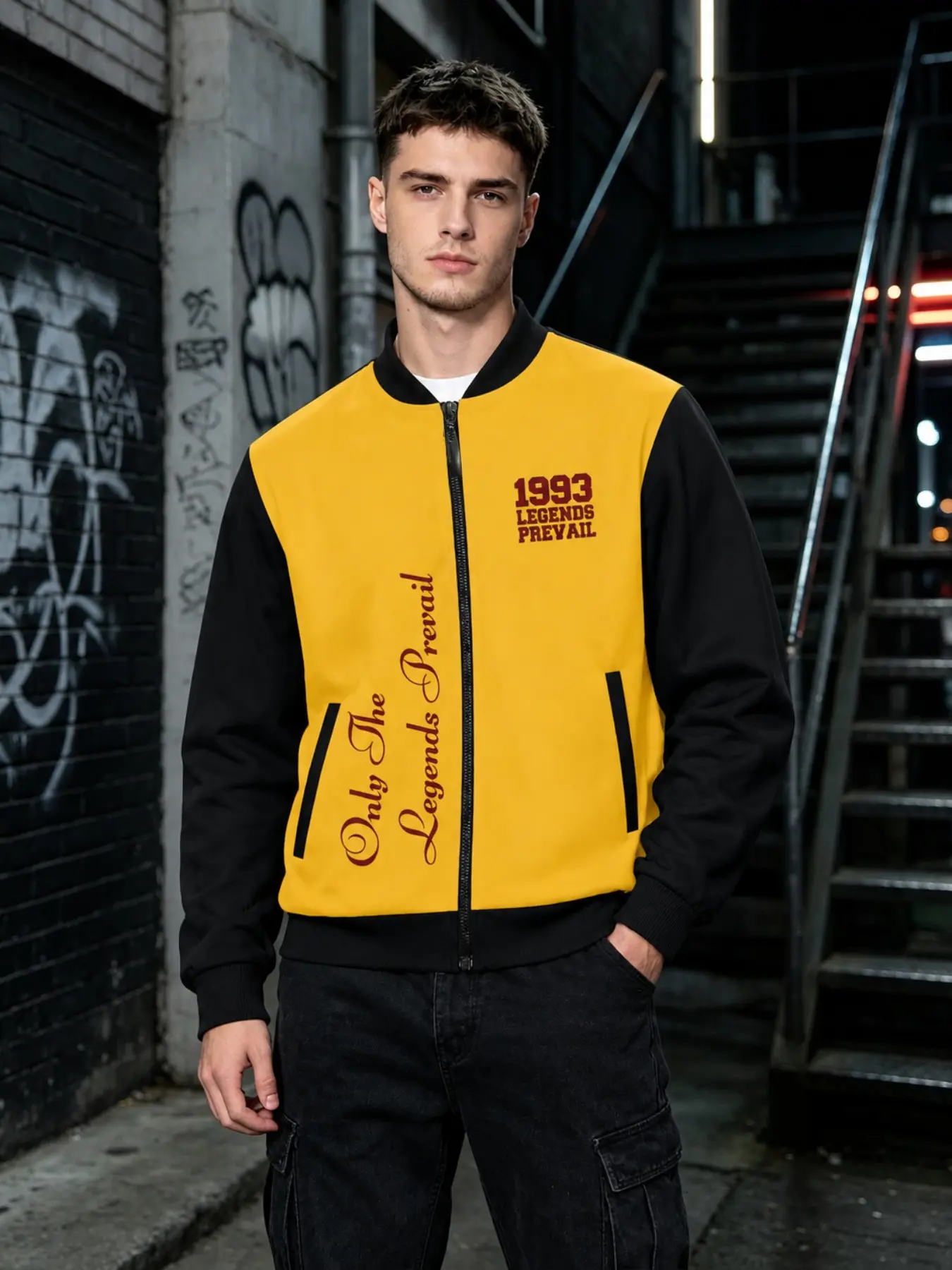Men's American Vintage Patchwork Bomber Jacket, Street Style Long Sleeve Casual Outerwear, Slim-Fitting All over Print