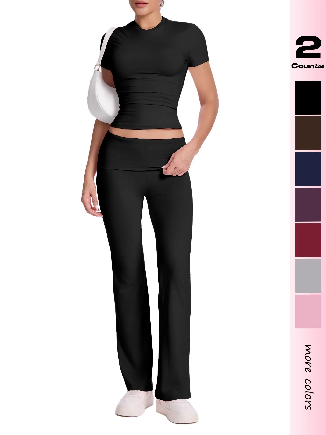 Women's 2-Piece Fashion Casual Set, Waist-Cinch Flared Pants and Fitted Short Sleeve Top, Ideal for Home and Outdoors, Pants Loungewear Set