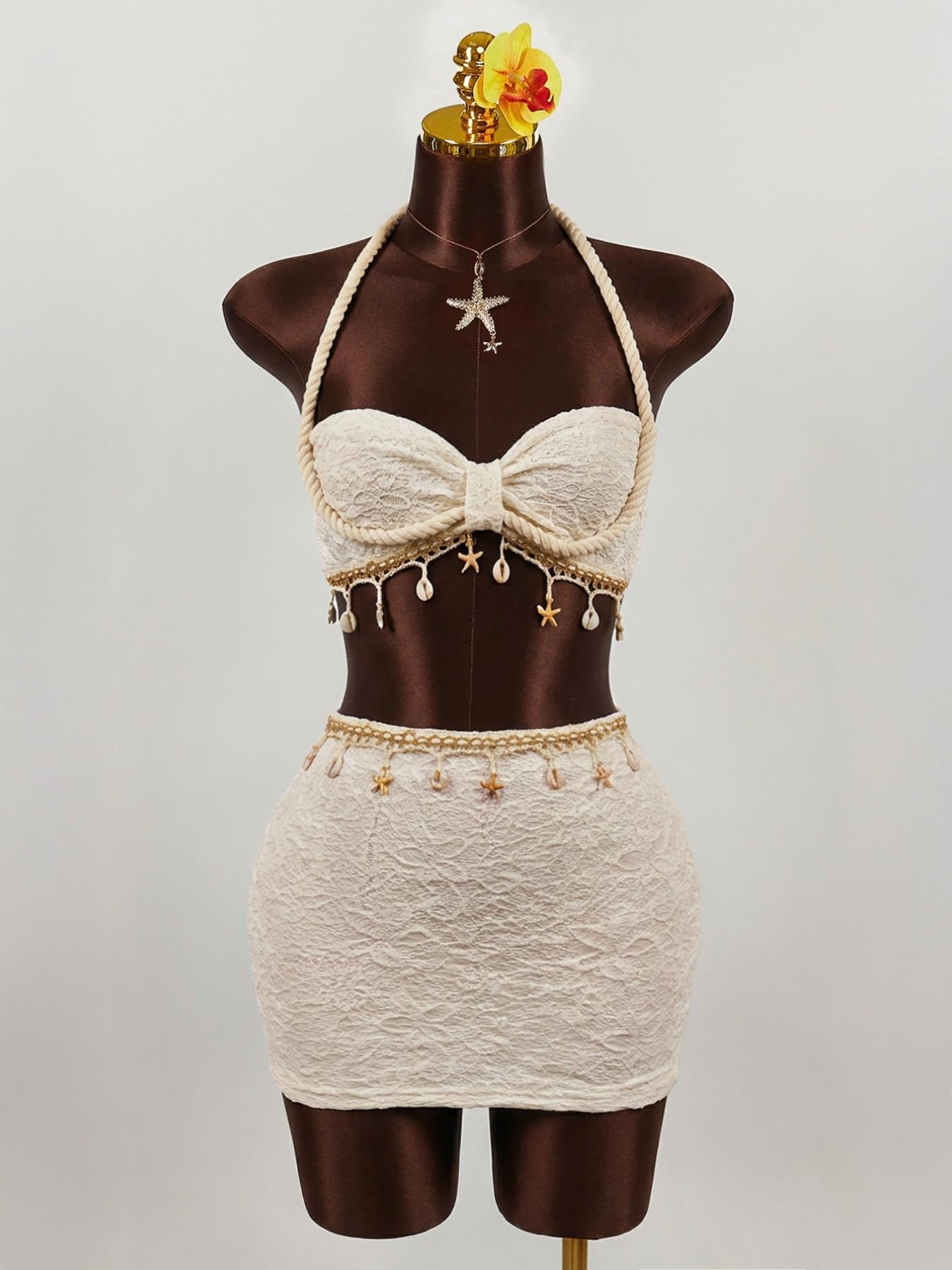 Women's Fashion Sexy Linen Halter Top and Skirt Set Outfit, Shell Trim Lace Up Neckline, Elegant Summer, Casual Wear, Womenswear