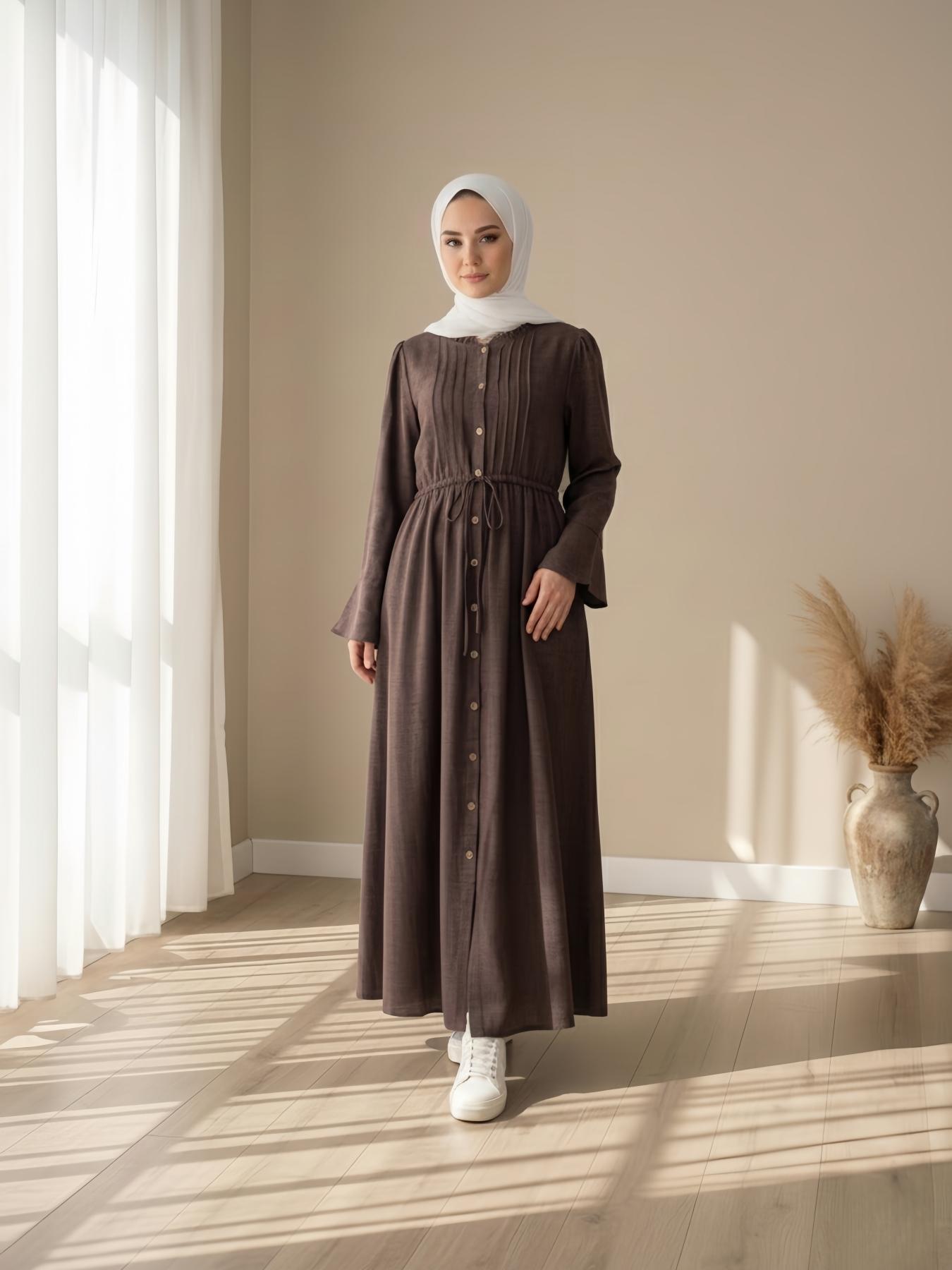 Women's Open Front Pleated Bow Tie Side Pockets Flared Sleeves Princess Dress & Nude Long Abaya Muslim Maxi Skirt