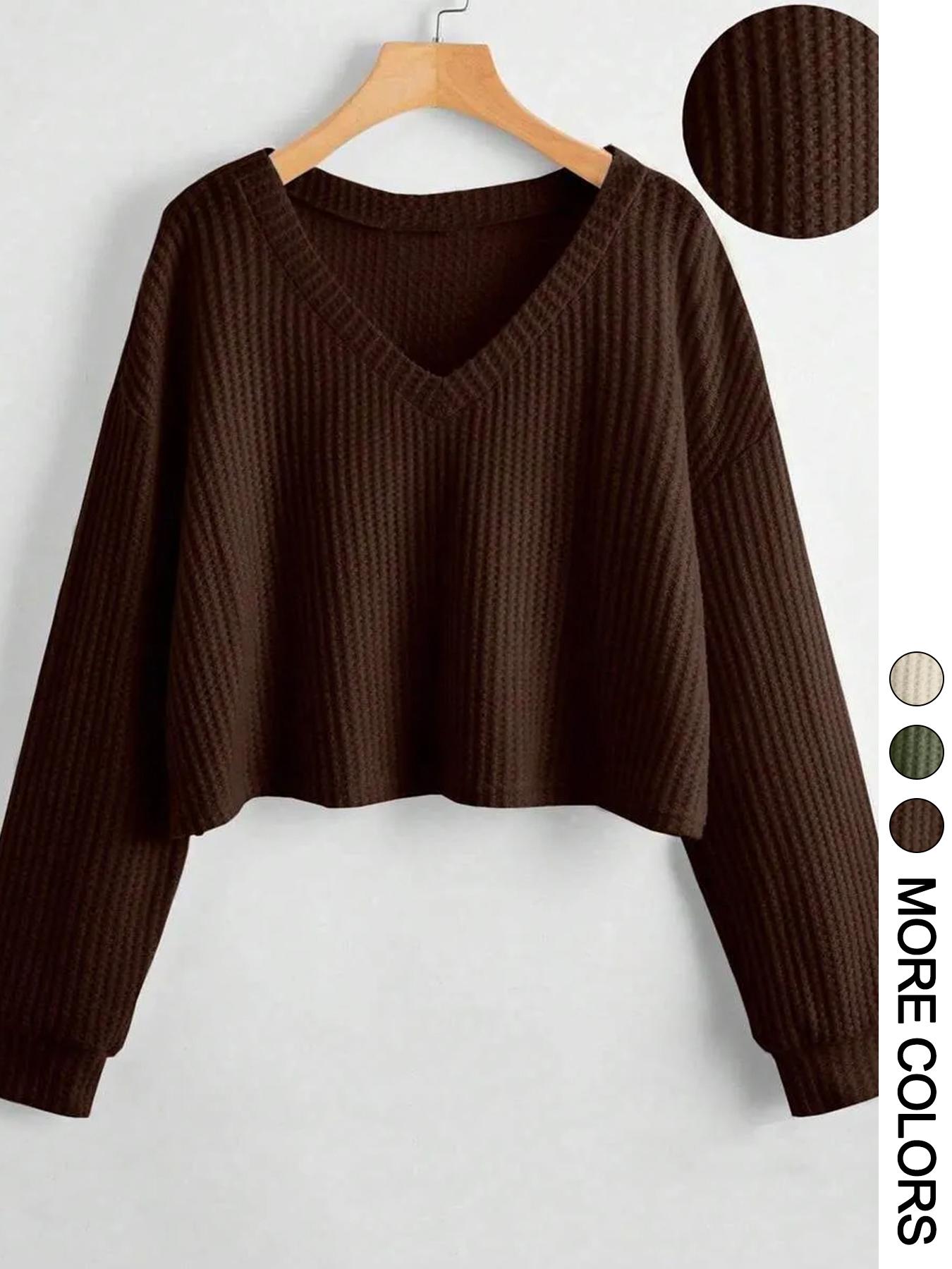 Women's Solid Color V Neck Drop Shoulder Long Sleeve Casual Loose Waffle Knit T-Shirt, Basic Spring & Fall Fashion, Comfortable Fit