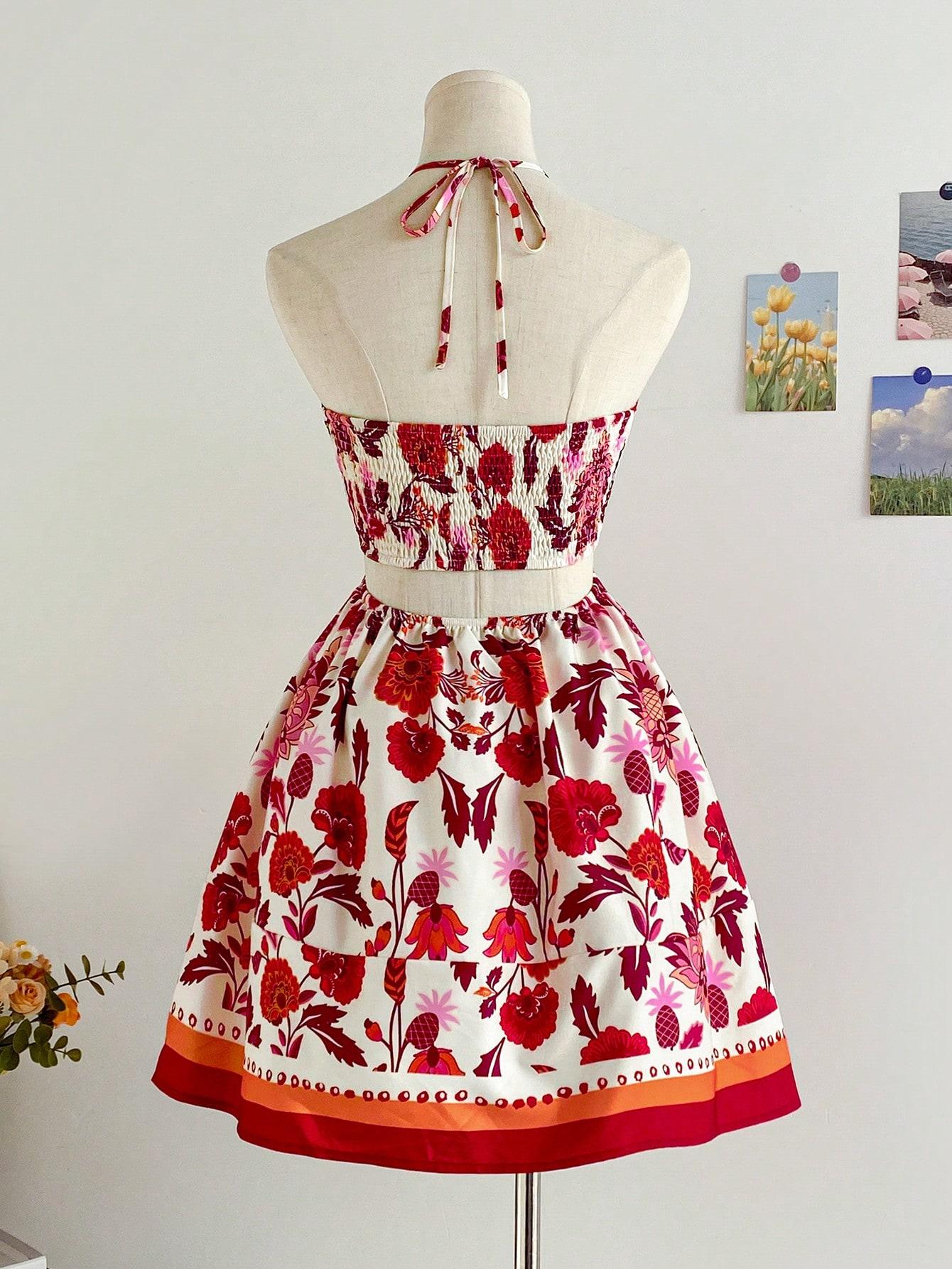 Spring Floral Halter Flowy A Line Dress Cut Out Smocked High Waisted Short Vacation Dress Sundresses