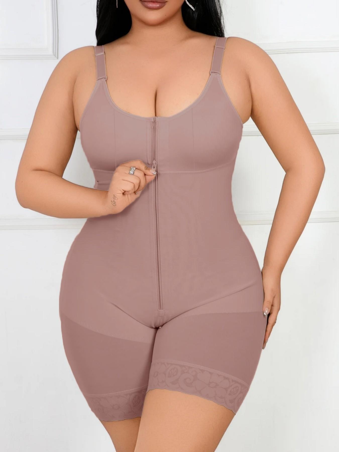Lace Tummy Control Shapewear Bodysuit, Fajas, Colombian Shapewear, High Compression Shapewear, Butt Lifter Body Shaper With Zipper Crotch, Detachable Shoulder Strap Jumpsuit, Solid Waist Trainer, Underwear, Suitable For Daily Wear, Fitness