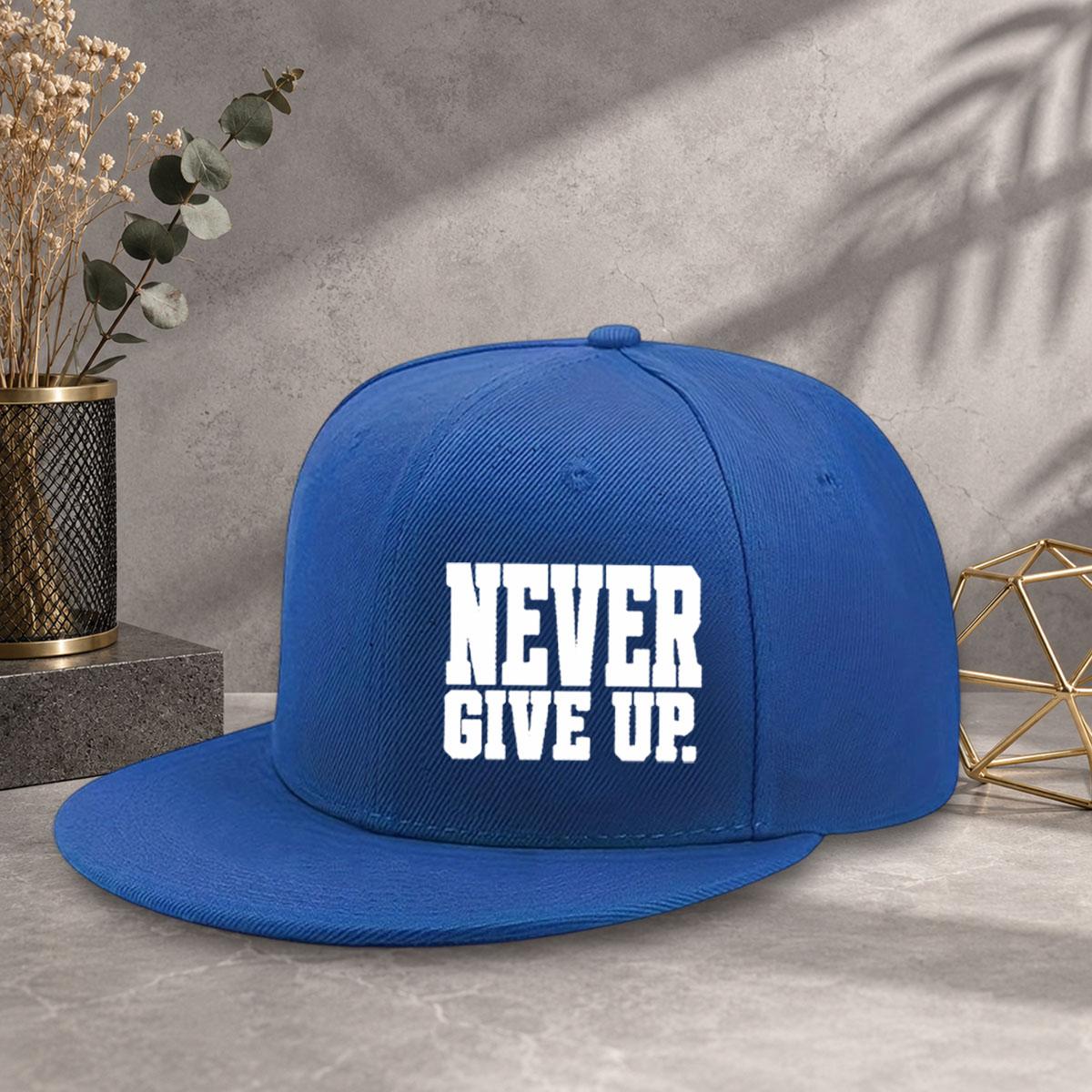 Unisex baseball cap with minimalist text "Never Give Up" printed flat brim design, multiple colors to choose from, adjustable size with code