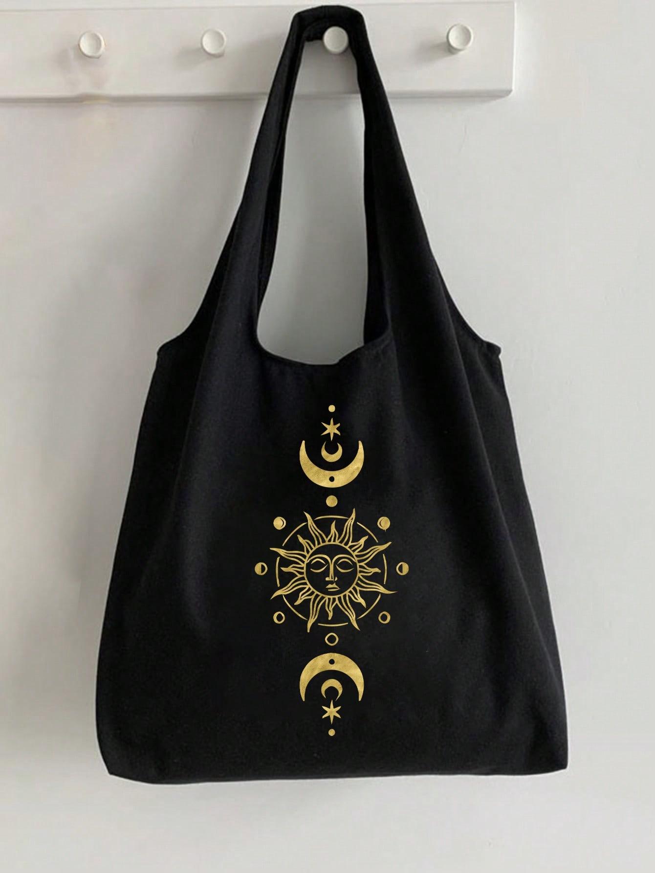 Sun, Moon, Stars Printed Canvas Shoulder Bag, Black Printed Vest Tote Bag and Black Small Bag, Shoulder Tote Bag, Multi-functional Shopping Bag, Commuter Bag, Valentine's Day Gift, Personalized Wedding Bridesmaid Gift Bag, Cosmetic Bag