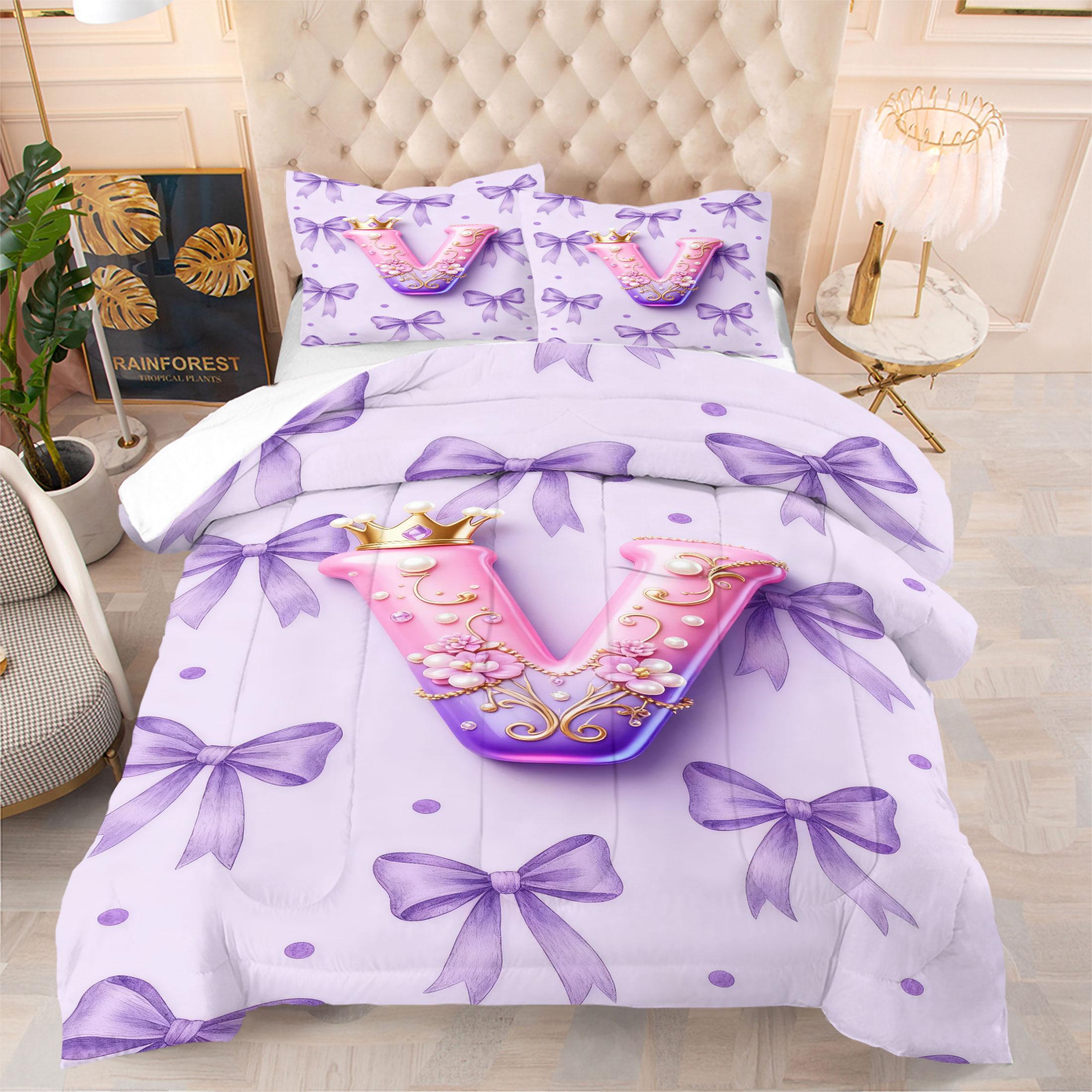 Bow Pattern Comforter Set, 3D Crown Letter Print Comfy Bedding Set, Fashion Princess Style Design, Soft and Comfortable Microfiber Material, Perfect for Girls Teenage Room Decor Home Decorating Kit, No Filler Included