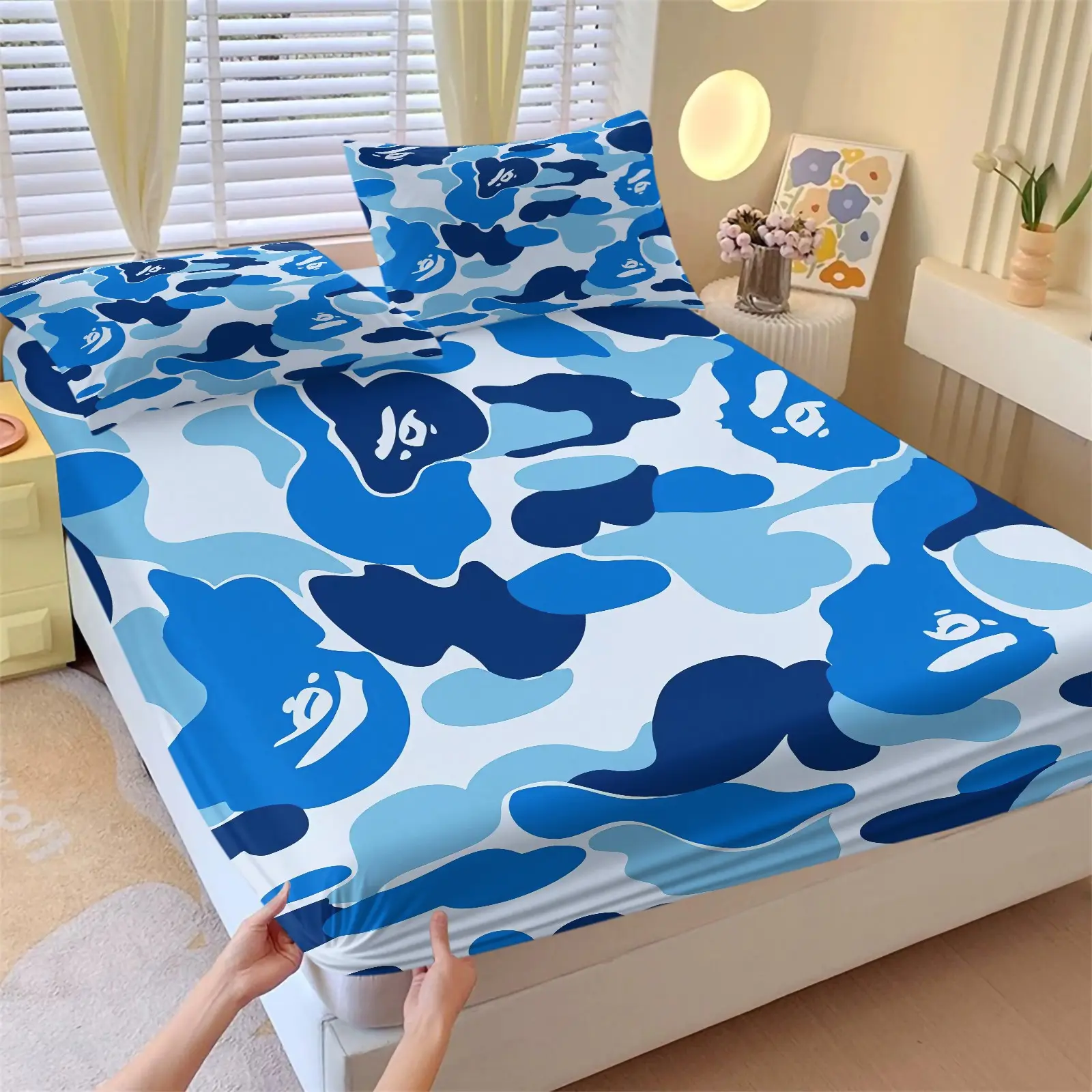 Classic Ape Head Blue Camo Streetwear Fitted Sheet Set, 1 Fitted Sheet & 2 Pillowcases, Iconic Ape Head Blue Camouflage Print, Soft Microfiber Deep Pocket Design, Hip Hop Street Style Bedroom Decoration, Gift for Teen Streetwear Fans