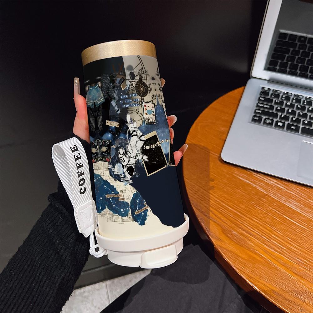 Abstract Astronaut Texture Coffee Cup, Portable Dual Drink Insulated Tumbler, Keeps Hot/cold, Boho Style, Ideal for Office, Travel, Sports