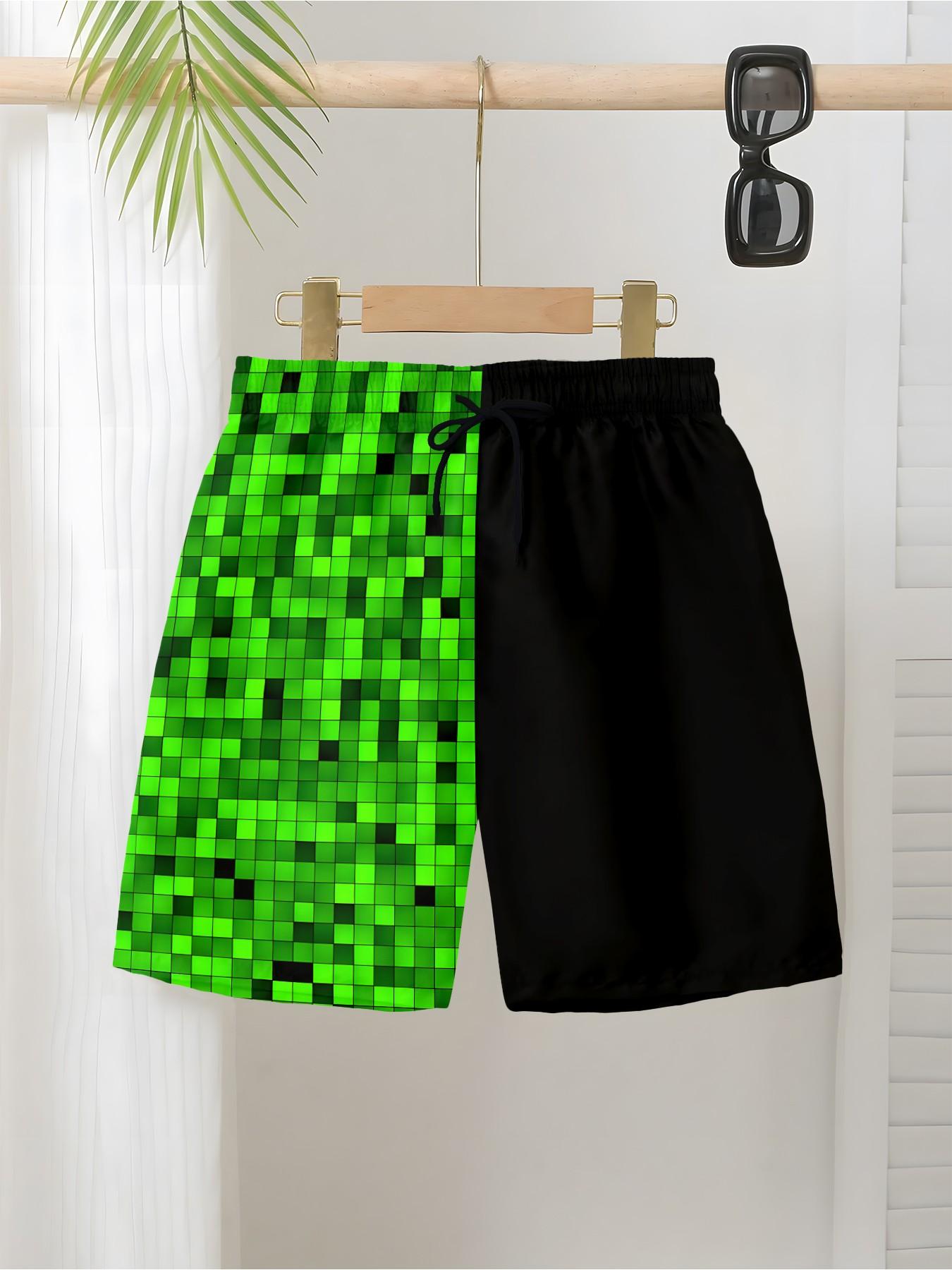 Beach Shorts Pixelated Split Printed, Creeper Design Casual Swimwear, Drawstring Waist Knee Length Fitted Shorts