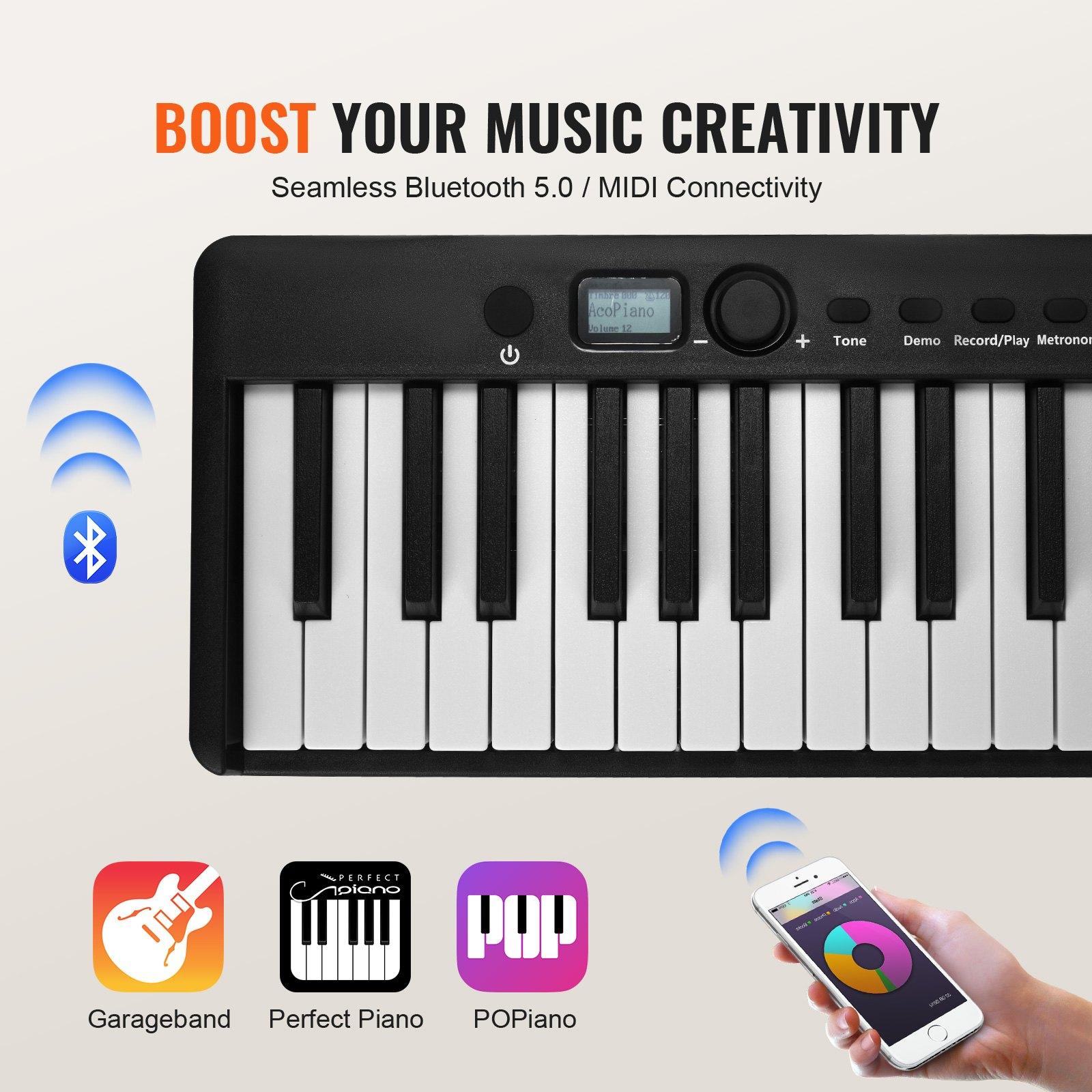 VEVOR 88 Key Folding Keyboard Piano, Bluetooth MIDI, Portable Electronic Digital Foldable Piano with Sustain Pedal Bag Touch Sensitive Keys Headphones, Rechargeable for Beginners Teens Adults, Black