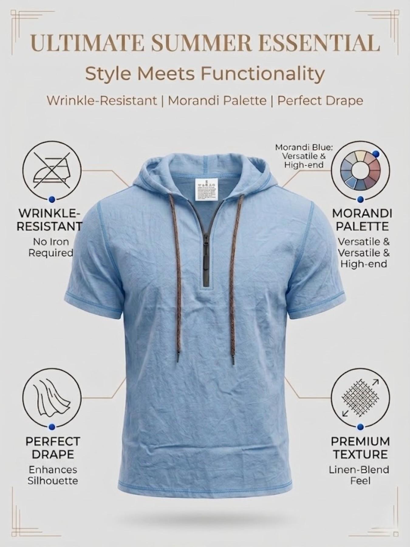 Men's Linen Breathable Half-Zip Hooded Short Sleeve T-Shirt, Summer Casual Sports Sweatshirt, Comfortable Loose Fit Plain Design