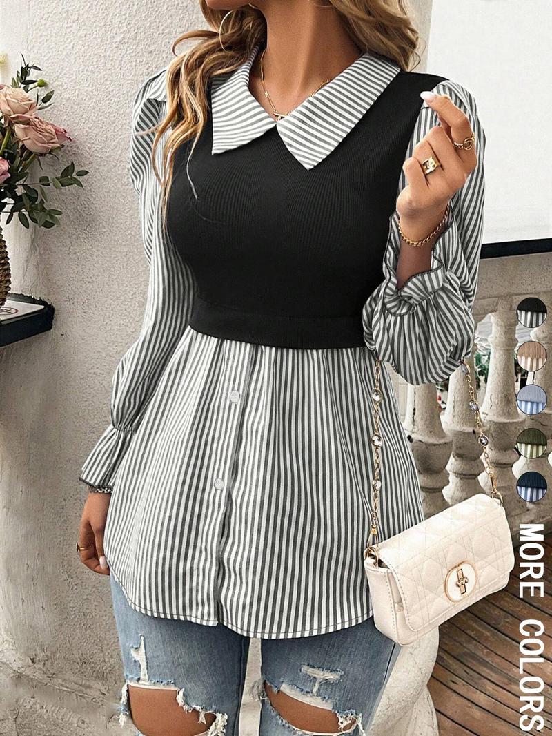 Women's Striped Print Button Front Blouse, Elegant Long Sleeve Collared Top for Spring & Fall, Ladies Clothes for Daily Wear, Button Down Blouse
