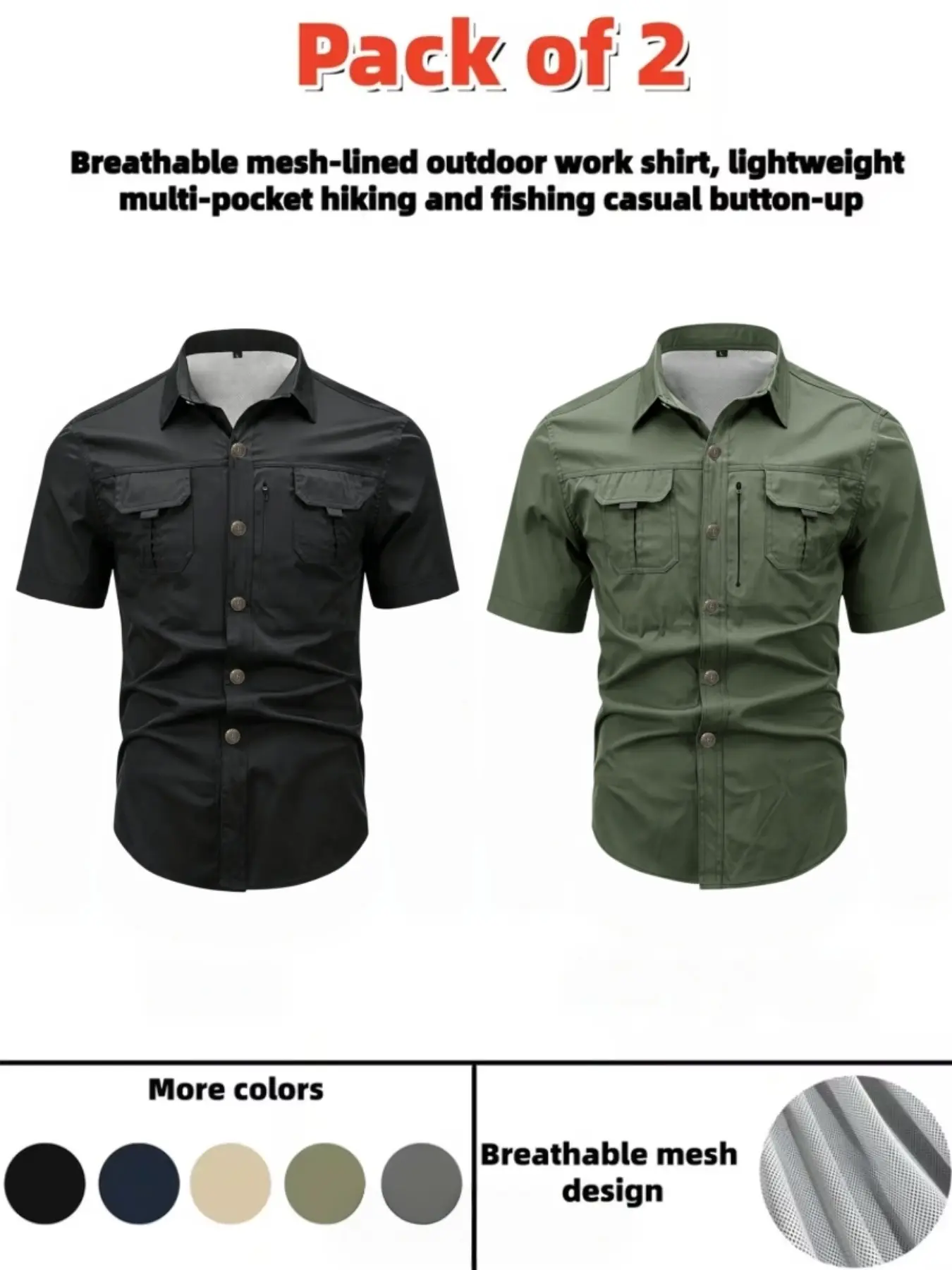 Men's Summer New Outdoor Fishing Breathable Short Sleeve Shirt, Lightweight Multi-Pocket Workwear, Available in Multiple Colors, 2 Pieces Set
