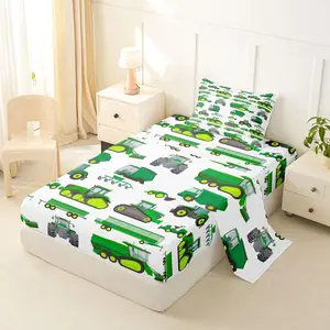Cartoon Construction Truck Tractor Excavator Sheet Set Twin Size, Luxury Microfiber Heavy Machinery Bed Sheets for Kids Boys, Green Yellow Vehicle Fitted Sheet for Children Room Decor