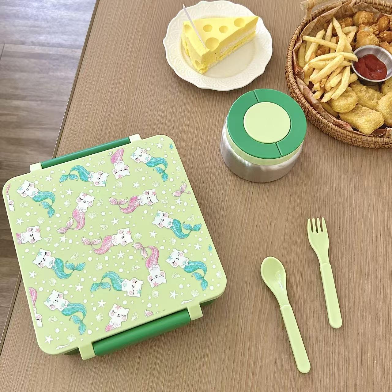 Bento Lunch Box Set for Kids🍗🥦🍓🍰🍲 with 9.5 oz Soup Thermo, Leak-Proof Lunch Containers with 4 Compartment, Kids Thermo Hot Food Jar ，BPA Free ， Utensils for Girl Boy School, Microwave Dishwasher Safe