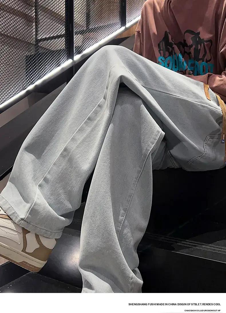 Brand new upgrade!Men's regular straight-leg jeans, casual drawstring elastic waist, denim pants, heavyweight washed jeans, premium blend elastic fabric with 61.8% cotton