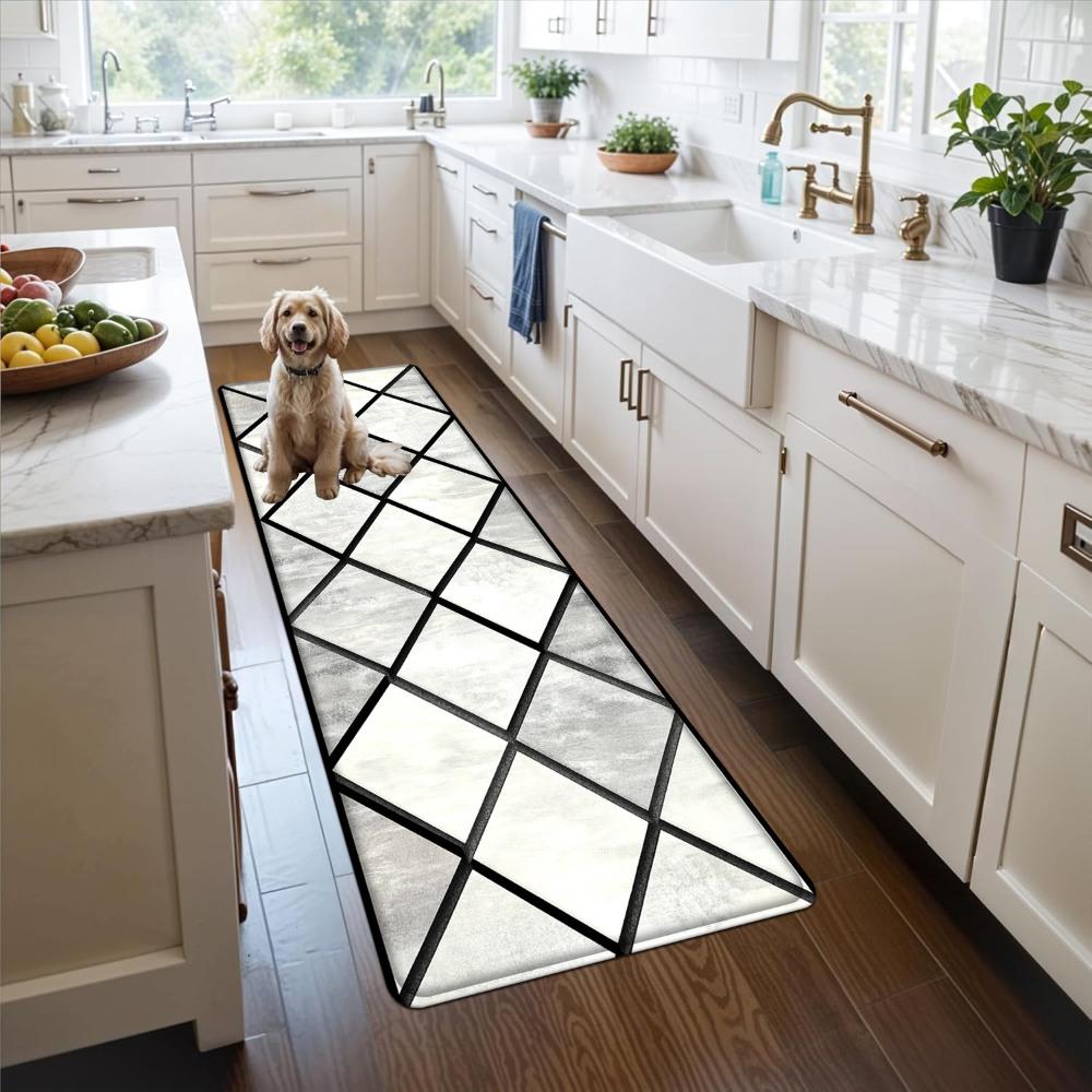 1PC， Black and White Diamond Geometric Pattern strip rugs, home décor, bathroom mats, entryway mats, bathroom non-slip mats, indoor entrance rugs, bedroom bedside mats, kitchen mats, hallway rugs, flannel sponge rugs, hallway runner rugs