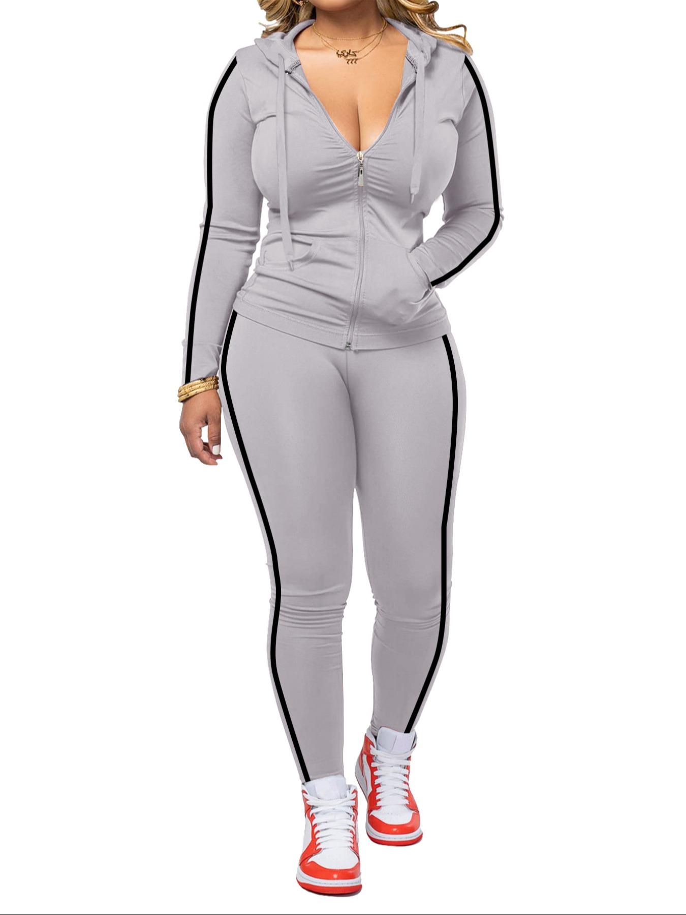 Women's Fall Zipper Hoodie and Skinny Pants Outfit Set, Casual Long Sleeve Pullover with Pocket Design, Two-Piece for Daily Wear