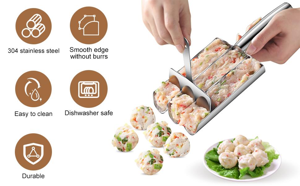 4-in-1 Meatball Maker Tool - Creative Stainless Steel Kitchen Triple Meatball Scoop Ball Maker Tool with Three Tubes, Metal, Easy Home Cooking Tool Utensils 4-Scoop