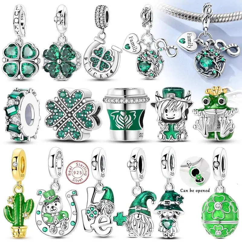 925 Sterling Silver Pendant Charms Beads Green Four-leaf Clover Love Family Tree Charms Fit Original Bracelet Women Jewelry Gift