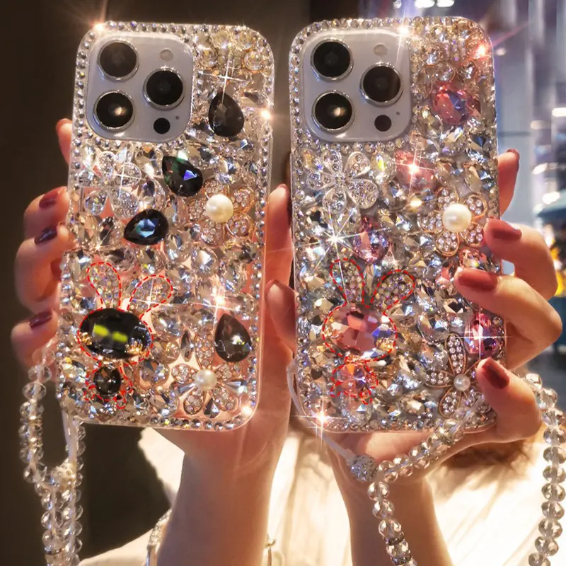 Full diamond acrylic phone case for iPhone 15 14 13 12 luxury rhinestone rabbit design shockproof protective cover for Apple series phones anti scratch slim fit clear back case for girls women