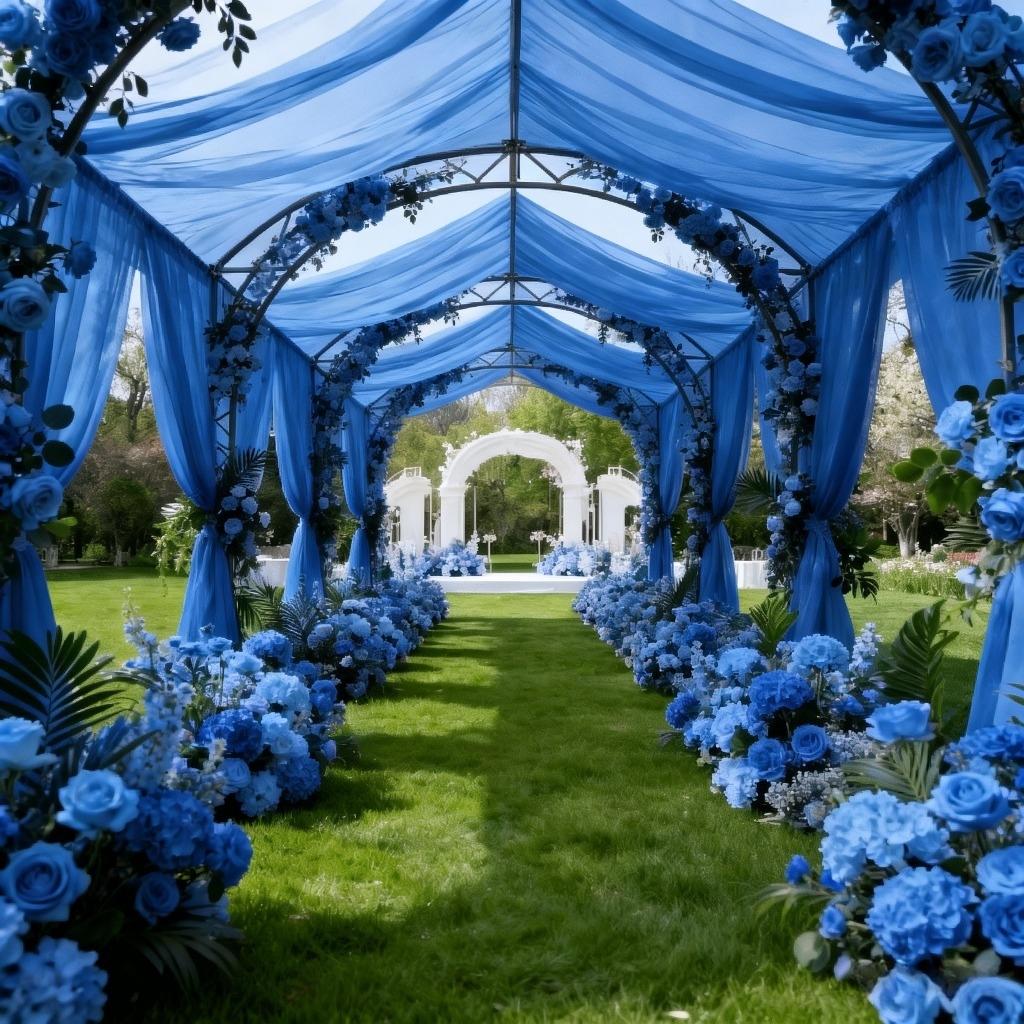 One piece, made of romantic deep blue tulle fabric, perfectly suited for various decorative needs such as wedding arches, ceremony backdrops, banquets, birthday parties and holidays, indoor and outdoor decorations, anniversaries, and party supplies sets.