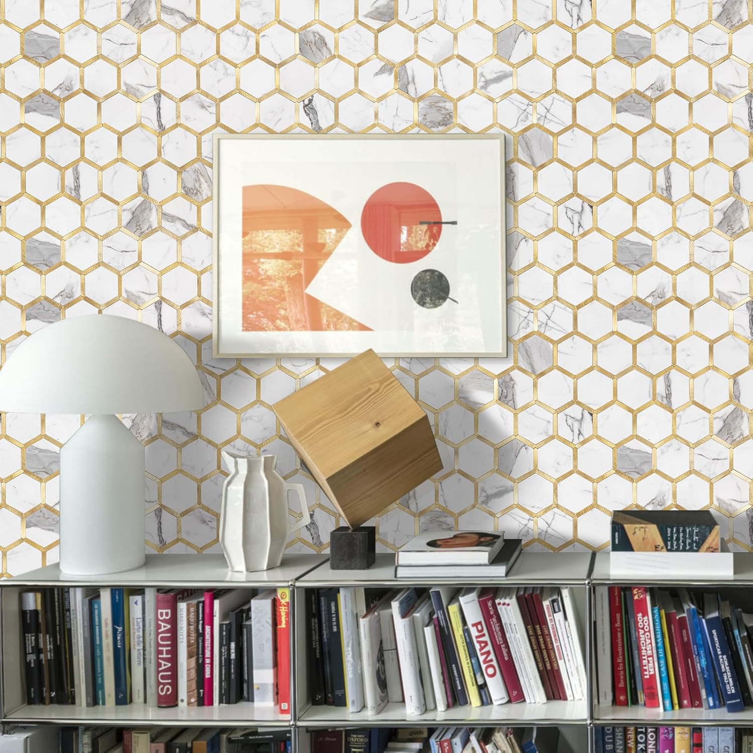 STICKGOO 10Pcs Hexagon Waterproof Metal Peel and Stick Backsplash, Stick on Backsplash for Kitchen/Bathroom Ornaments - Beige Decorating Decorative