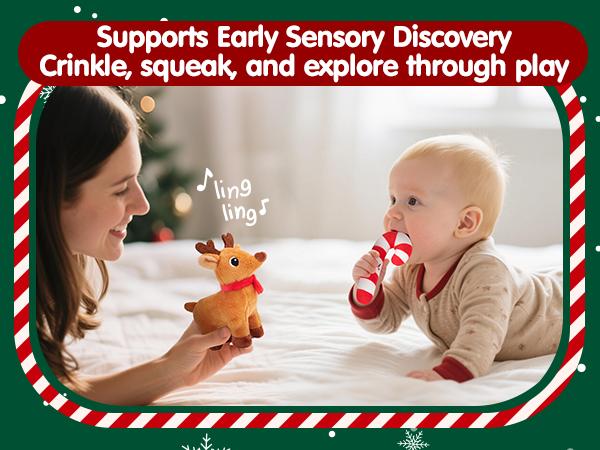 hahaland My First Christmas Gingerbread House Cottage Toy Set for Baby 6-18 Months Musical & Sensory Plush Toys with Santa Reindeer Rattles Early Learning Development 7-Piece Holiday Gift