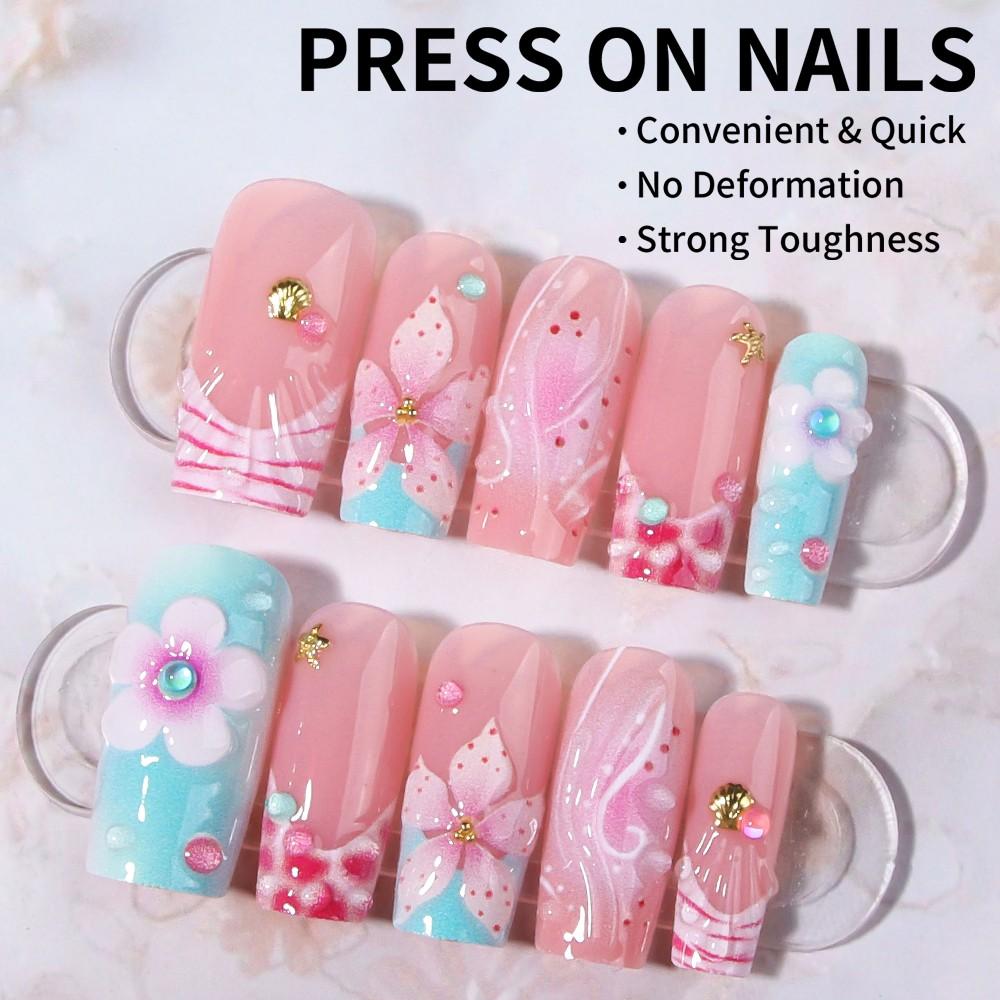 24pcs 3D Gel Nail Art Set, Ocean & Hibiscus Design, Square French Tips, Acrylic False Nails, Includes Adhesive & File, Perfect for Daily Use & Parties