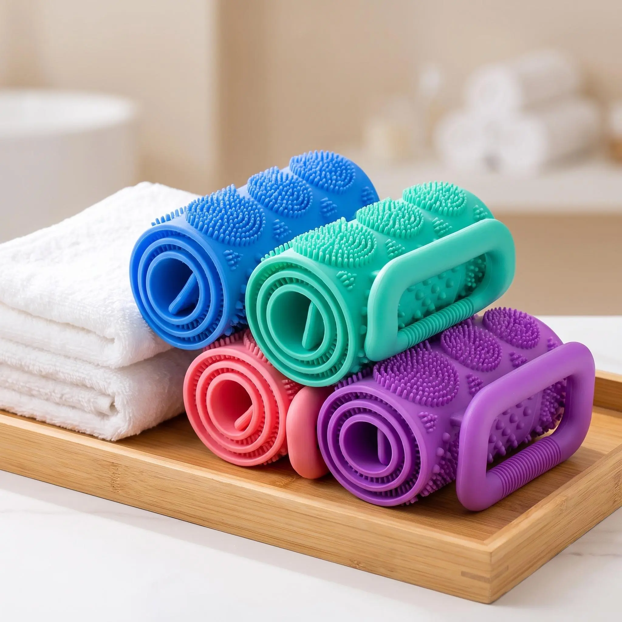 Food-Grade Silicone Exfoliating Back Scrubber Accessories, Personal Unisex Body Brush with Adjustable Bath Strap, Grip Handles, Fast-Drying Design for Deep Cleansing, 2 Sizes