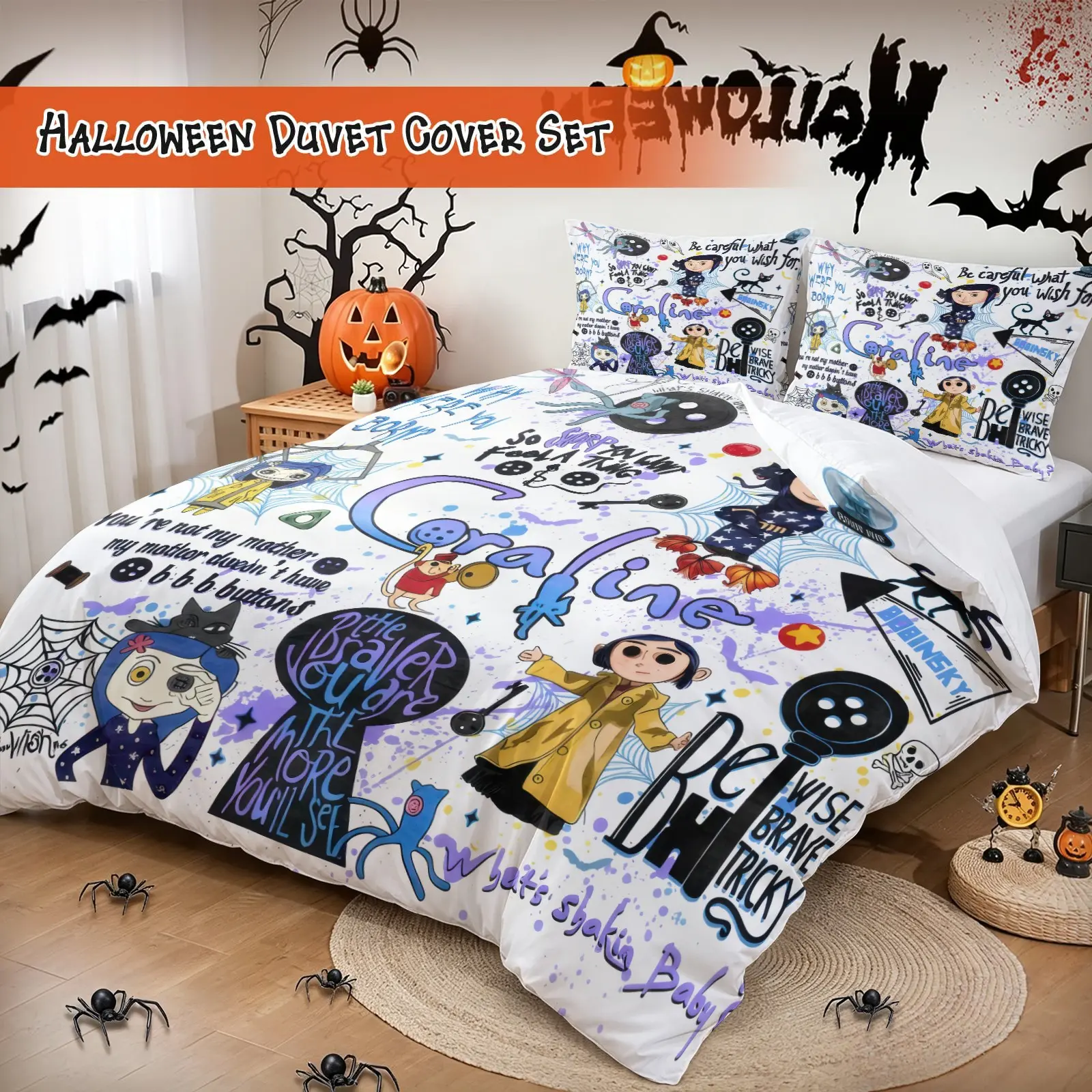 Graffiti Style Coraline Halloween Duvet Cover Set (1-2 Pillowcases), Comfy Bedding Sets, Soft Skin-Friendly Breathable Microfiber Fabric, HD Digital Non-Fade Print, Spooky Cartoon Horror Movie Themed Bedding for Bedroom Dorm Halloween Party Decor