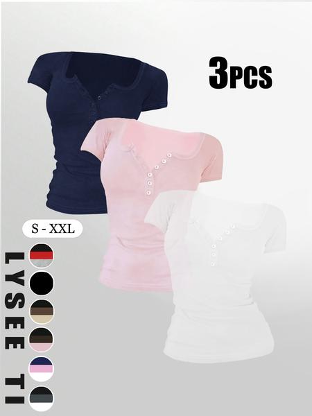 Women's Solid Button Tee, Casual Chic Minimalist Short Sleeve T-shirt for Summer, Ladies Clothes for Daily Wear