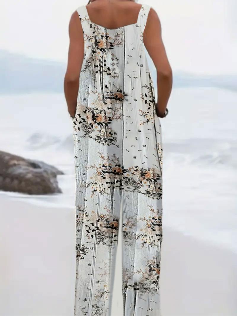 Plus Size All Over Print Button Design Overall Jumpsuit, Boho Sleeveless Wide Leg Jumpsuit for Beach Holiday Vacation, Women's Clothes for Summer