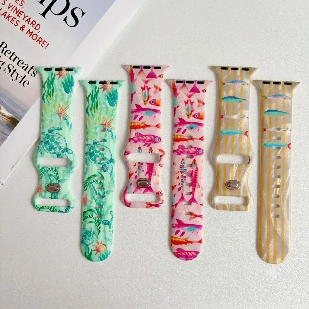 Sea Turtle Fish Watch Bands Compatible With iWatch Bands For Women Men, Soft Silicone Ocean Core Printed Sport Strap For iWatch Series 1-11 Ultra SE 38mm-49mm All Models, Coastal Aesthetic Summer Beach Vacation Wristband