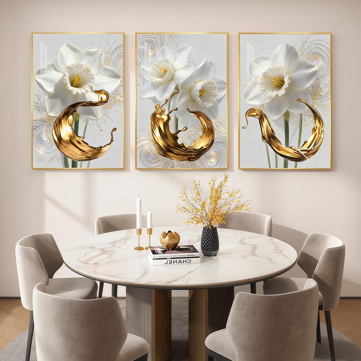 3 Counts Aluminum Alloy Framed Painting, White Daffodil Flowers With Golden Liquid Art Pictures, Home Decoration For Living Room, Bedroom, Office, Restaurant, Hallway Wall Decor, Odorless Print Artwork, Luxury Perfect Gift For Friends And Family