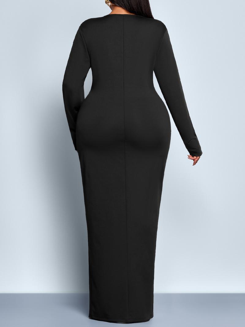 Elegant Solid Color Maxi Dress, Deep V Neck Long Sleeve Bodycon High Waist Split Hem, Plus Size Women's Fall Fashion Party Dress