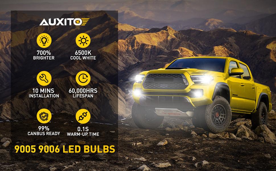 AUXITO 9005 9006 HB3 HB4  LED Headlights Bulbs Combo, 50000LM Bright 6500K Cool White, 120W Fanless Light Bulbs, Pack of 4