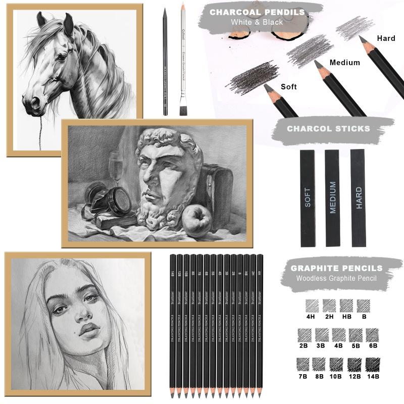 60Pcs Sketching Pencil Set with A5 Sketchbook, Includes Graphite & Charcoal Pencils, Blending Stumps, Erasers, and More - Professional Art Supplies for Adults, Ideal for Sketching & Shading, Art Drawing Supplies