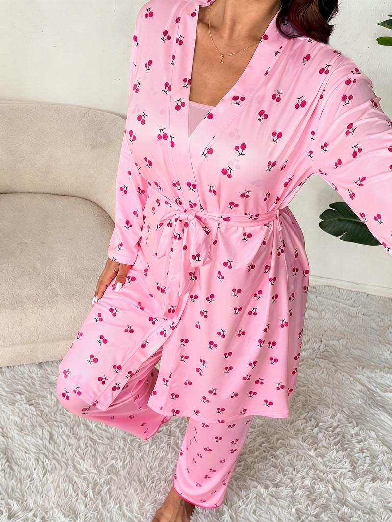 Plus Size Cherry Print Women's Sweet Comfortable Belted Robe Set, Sleeveless Long Pants Three-Piece Sleepwear, Casual Home Wear