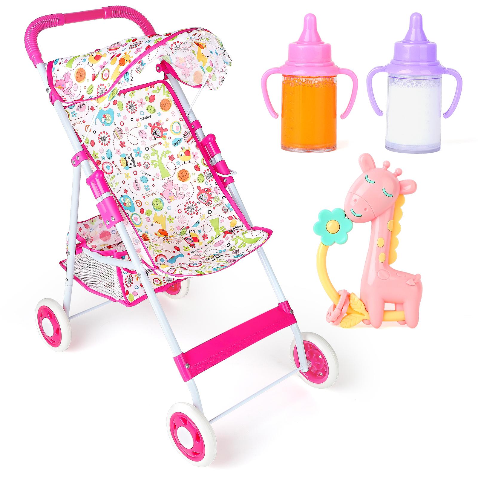 deAO Doll Stroller Set Doll Accessories with Feeding Bottle Simulated Juice Milk and Rattle Toy Foldable Doll Stroller,for 12in 14in 16in Doll