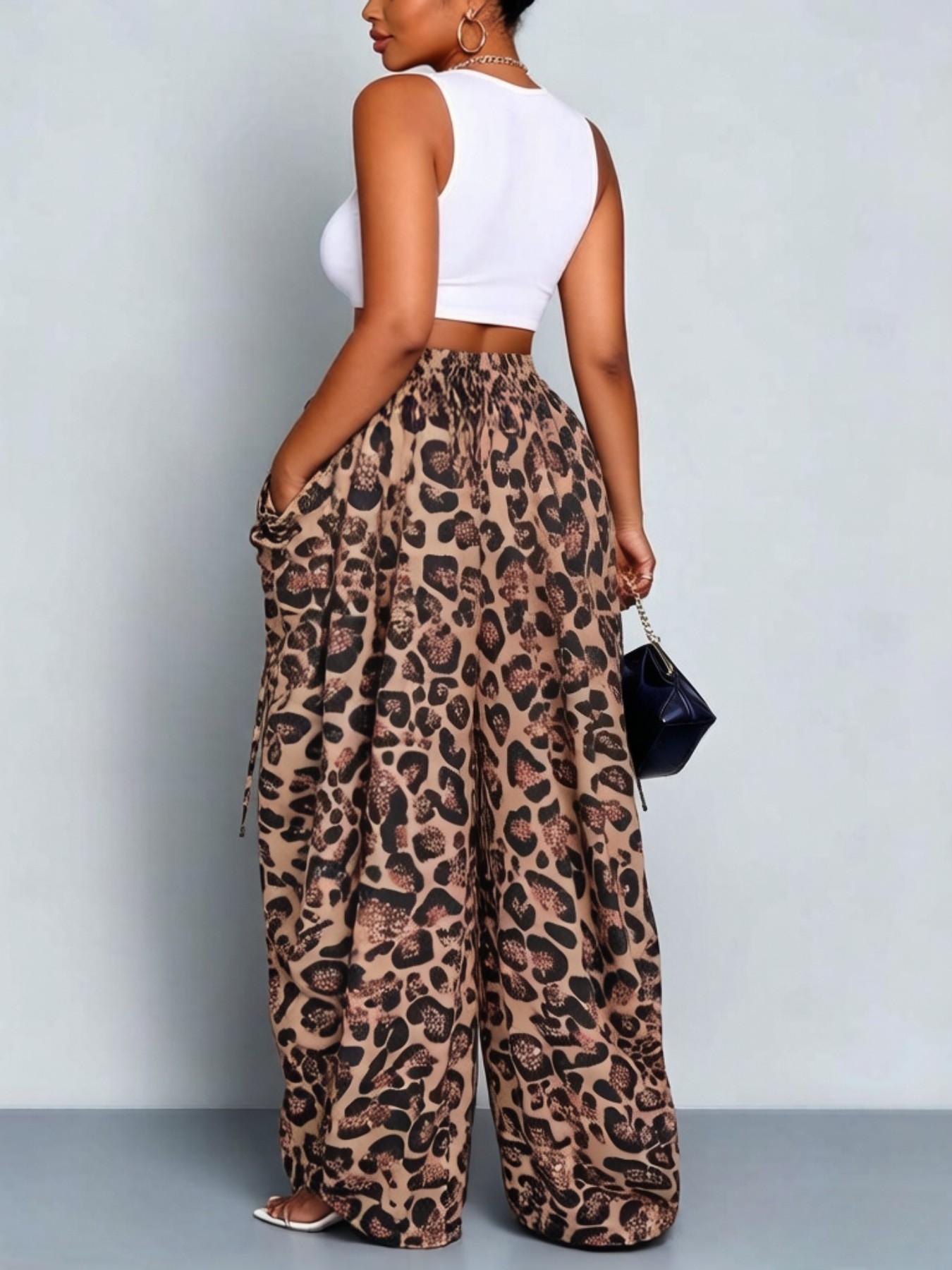 Women's Leopard Print Harem Pants Bottom, Casual High Waist Loose Breathable Cotton Linen, Medium Stretch Thin Drawstring Pockets, Streetwear Punk Style