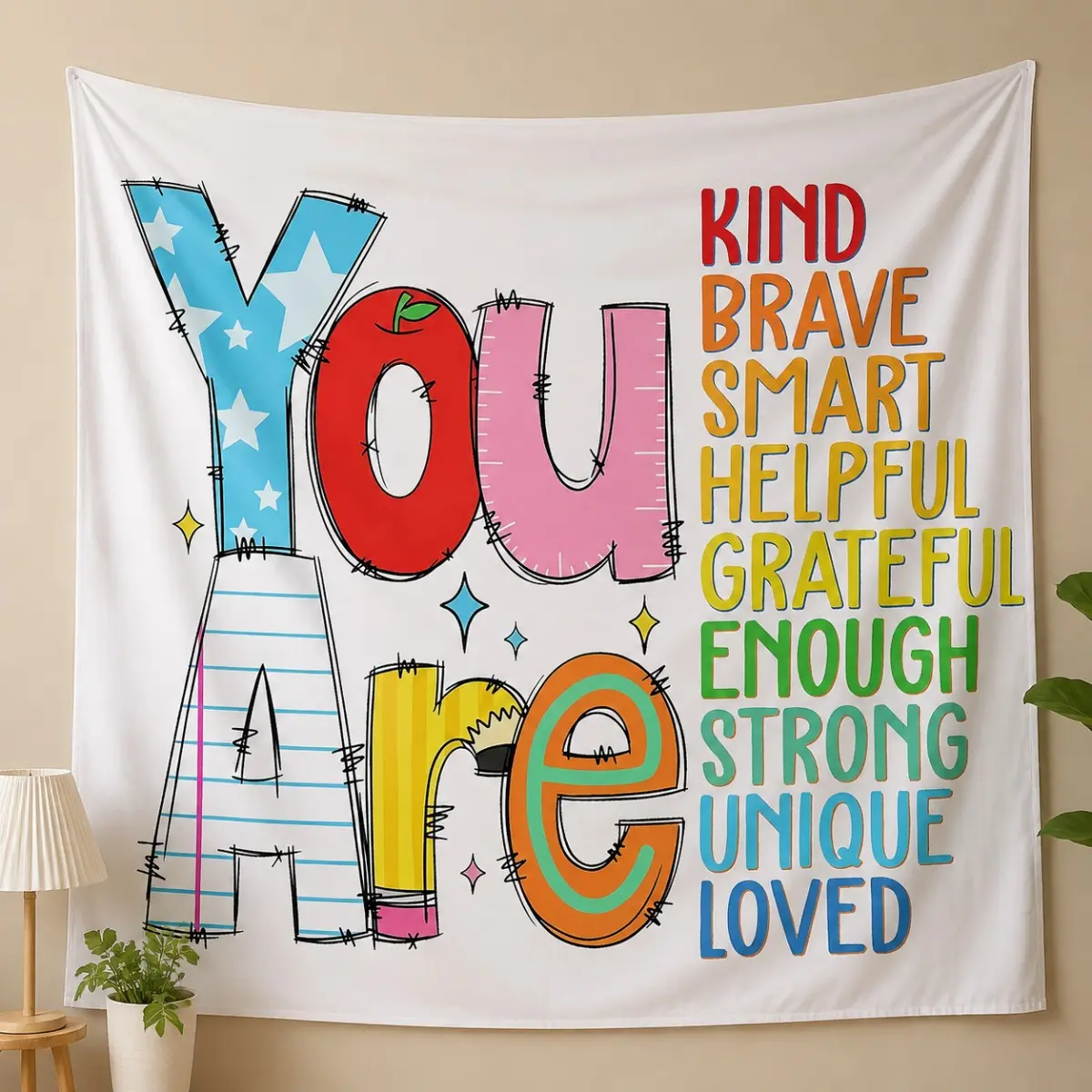 Kids Affirmation Tapestry Wall Hanging, You Are Kind Brave Smart Inspirational Wall Decor, Positive Quote Room Decor for Kids Bedroom Nursery Classroom Playroom