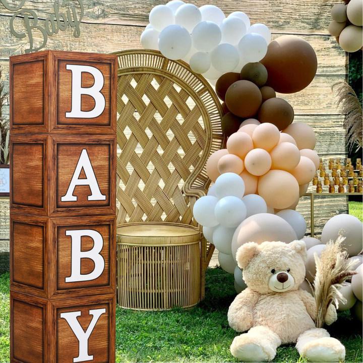 Wood Grain Printing Baby Shower Display Boxes Decoration, Neutral Gender Reveal Backdrop Brown Baby Stacking Blocks Backdrop for Kids Birthday Party