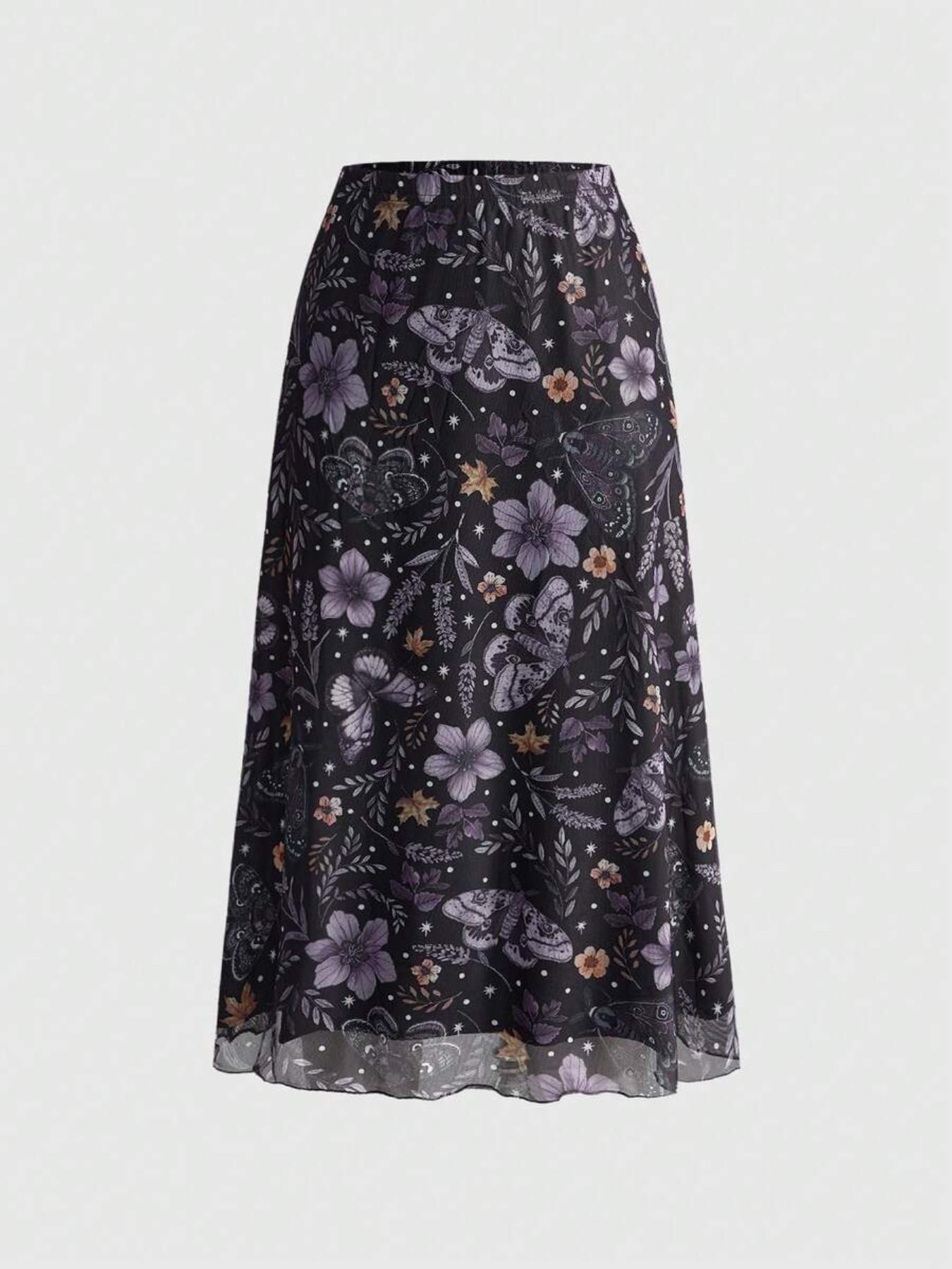 Fairycore Gothic A-Line Skirt, Bohemian, Casual Boho Skirt, Bat Skull Moon Pumpkin Print, Boho Plant Leaf Butterfly Maple Mushroom Floral Design, Elegant Party Dress, All-Season Long Skirt, Elastic, Bottom