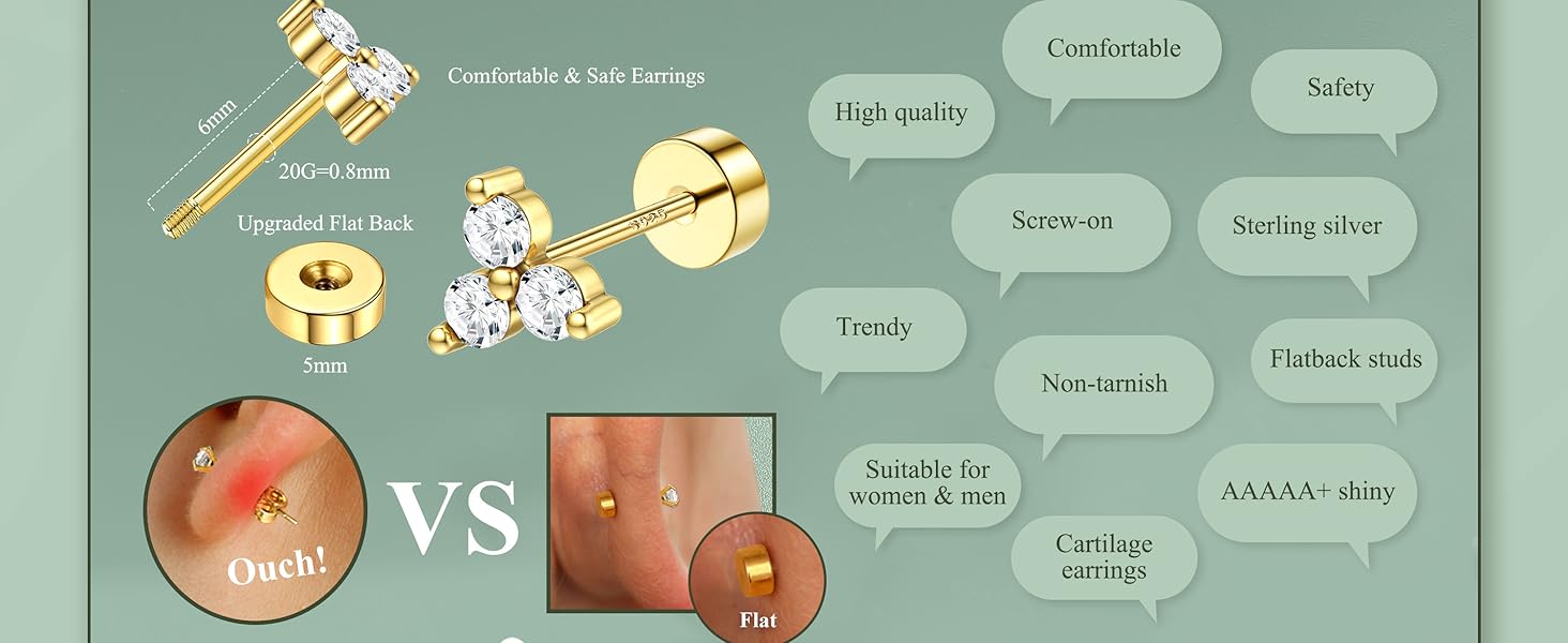 925 Sterling Silver Flat Back Stud Earrings for Women, Hypoallergenic 14k, Small Cz Helix Conch Tragus Piercing Jewelry 20g