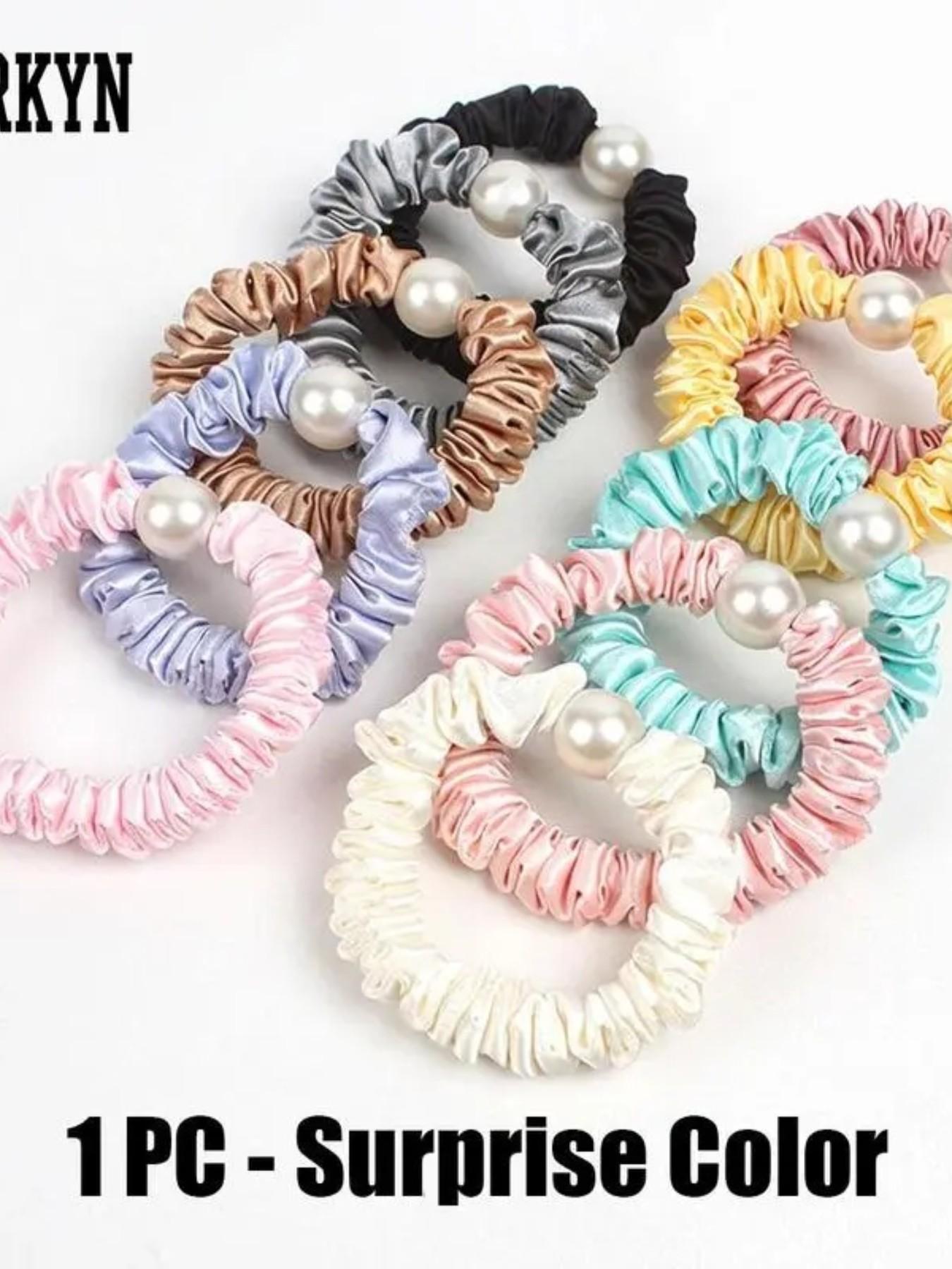 KatchMe Gift, Elegant Satin Faux Pearl Hair Tie (Surprise Color) 1 Piece, Elastic Hair Band for Women, Gentle on Hair, Hair Accessories