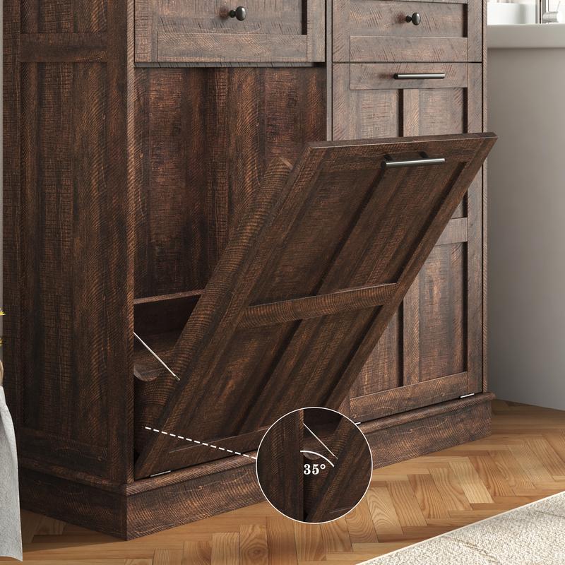 Trash Can Cabinet, 10 Gallons / 20 Gallons Farmhouse Hidden Wood Garbage Can Bin Cabinet with Drawers, Tilt Out Laundry Hamper with Laundry Storage Basket for Bathroom, Kitchen, Brown/Antique White