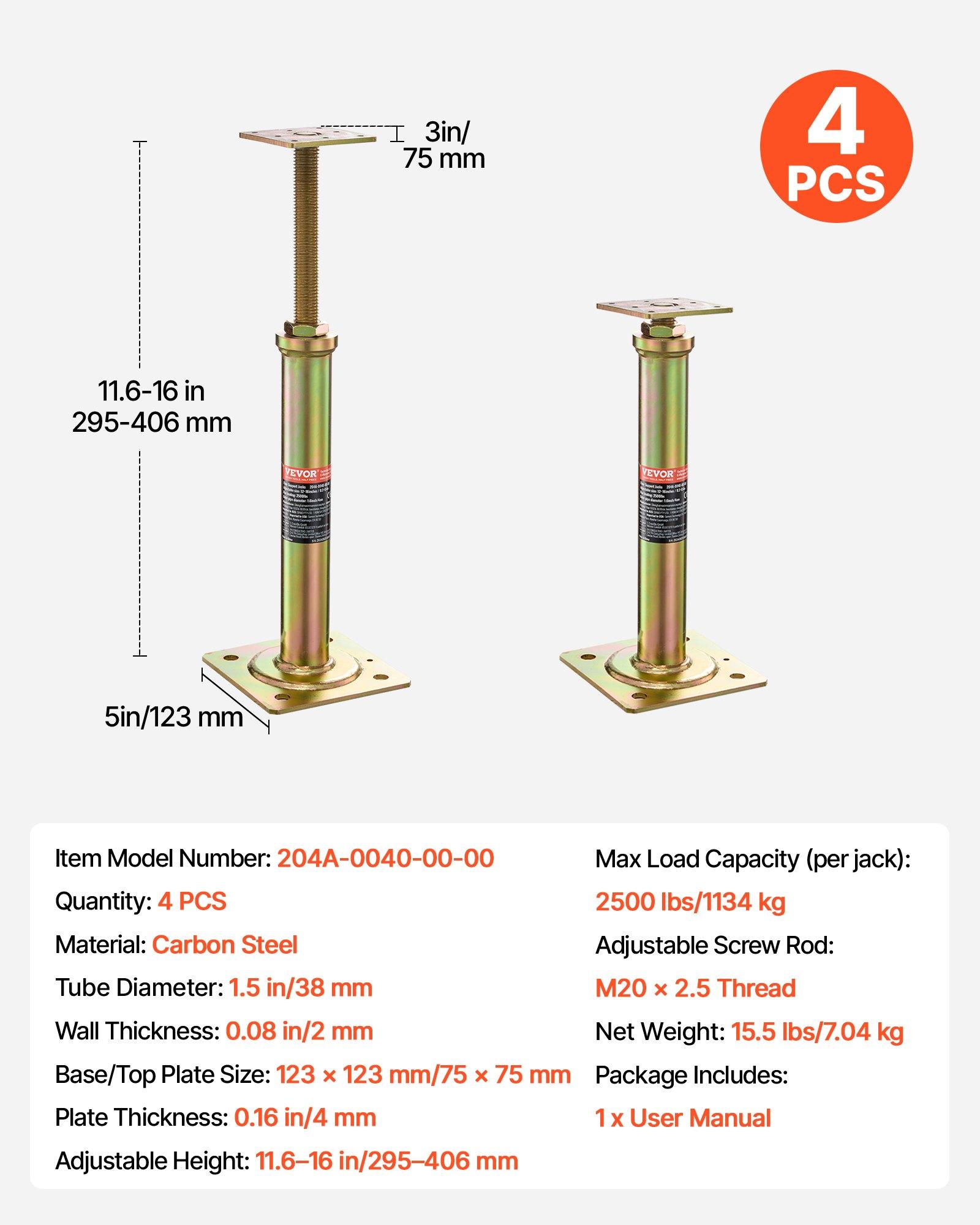 VEVOR House Floor Jacks, 4 Pack, 11.6"-16" Height Range, 2500 lbs Max Load Capacity Per Unit, Adjustable Support Beam Basement Jack Post for Leveling, Galvanized Telescoping Jack for Temporary Support
