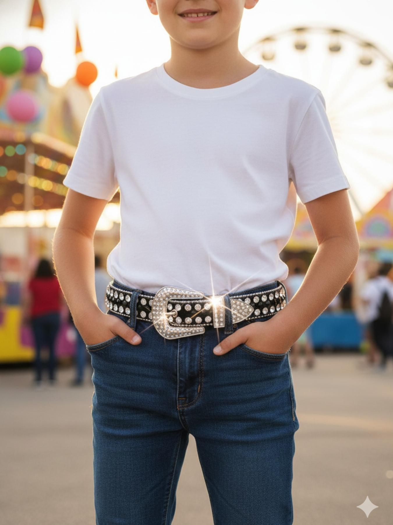 Rhinestone Studded Buckle Belt for Kids & Teens - 75-95cm Adjustable Sparkly Crystal Belt, Shiny Party & Performance Accessory