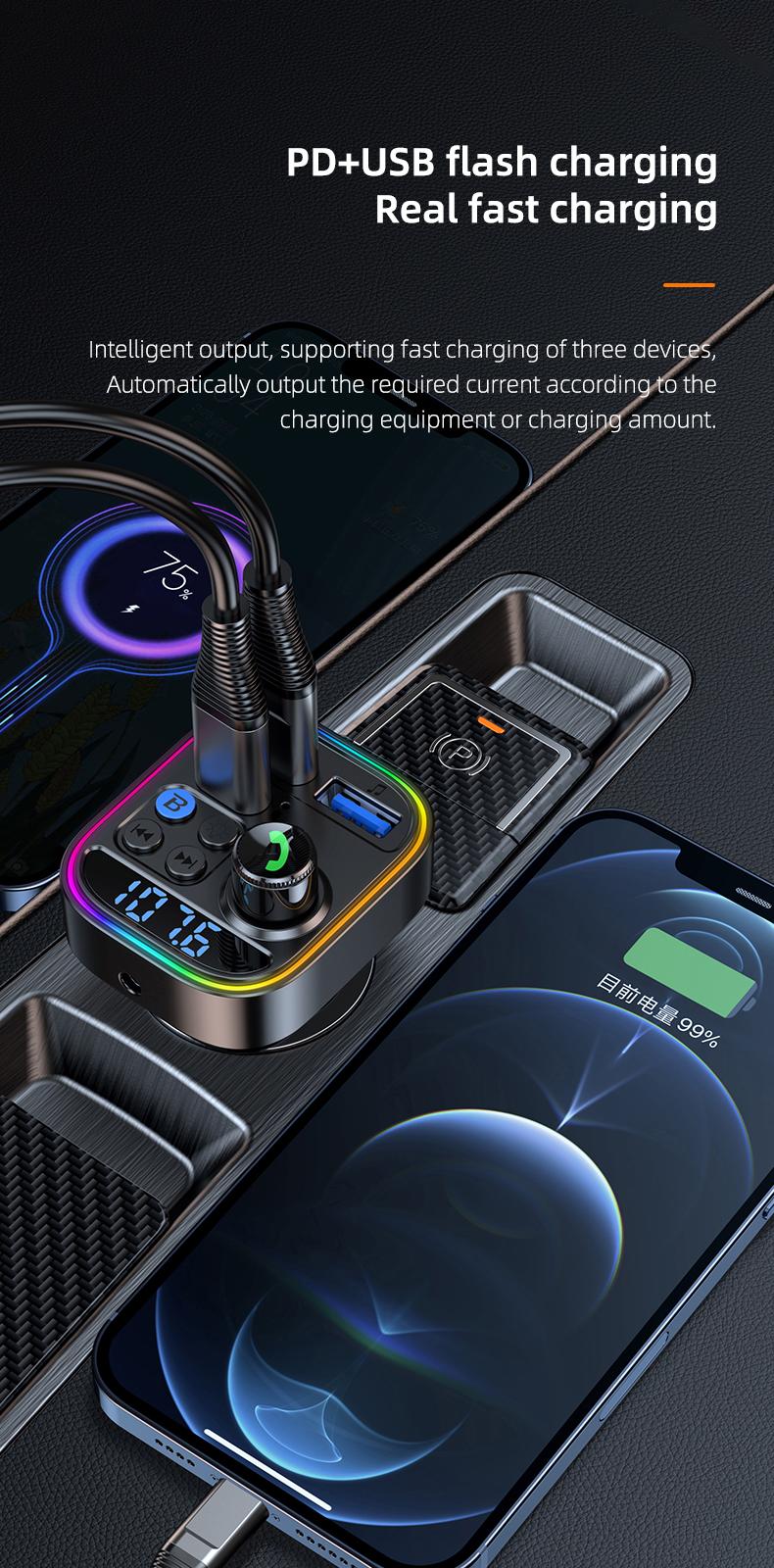 Fast Wireless 5.0FM Transmitter MP3 Player - Hands-Free Call, Adjustable High & Low Pitch, U Disk, PD30W Fast Charger, C USB Car Fast Charging Adapter - Compact Design for Easy Use Mini Audio